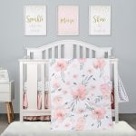 PINNKKU 4-Piece Crib Bedding Set for Girls, Baby Girl Bedding Crib Set, Cunas para Bebes, White, Blush Pink Flower Crib Skirt, Blanket, Crib Sheet and Diaper Stacker, Crib Bedding Sets for Girls